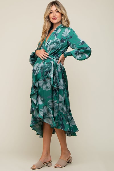 PinkBlush Green Satin Asymmetrical Flounce Trim Maternity Midi Dress