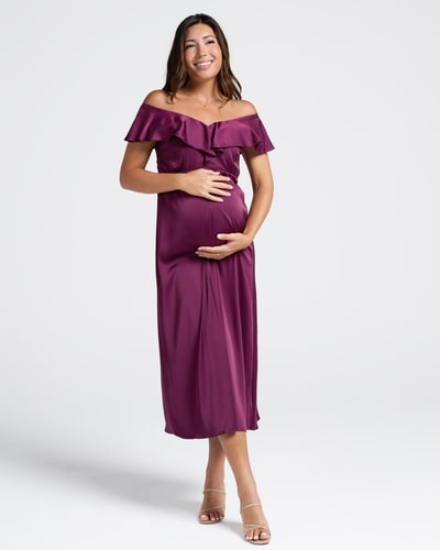 Angel Maternity Mika Maternity Ruffle Silk Dress in  Wine