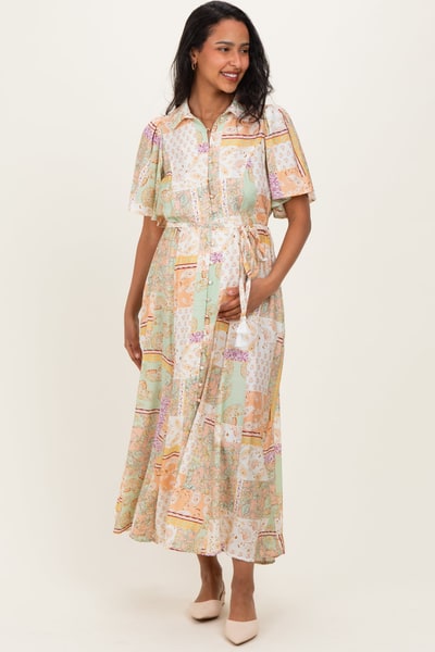 PinkBlush Multicolor Patchwork Print Button Down Maternity Maxi Dress
