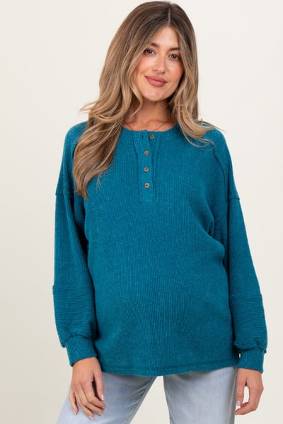 PinkBlush Teal Oversized Ribbed Knit Henley Maternity Sweater