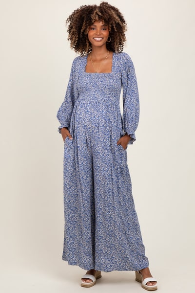PinkBlush Blue Floral Long Sleeve Wide Leg Maternity Jumpsuit