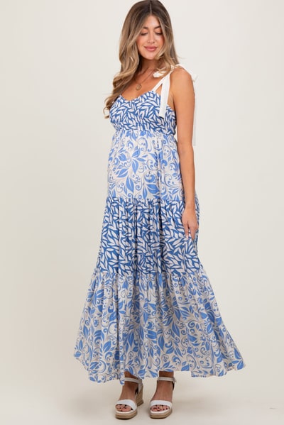 PinkBlush Blue Leaf Print Smocked Shoulder Tie Tiered Maternity Maxi Dress