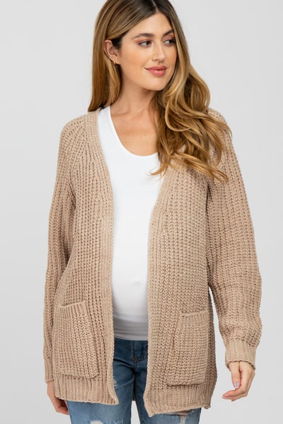 PinkBlush Taupe Ribbed Cable Knit Maternity Cardigan