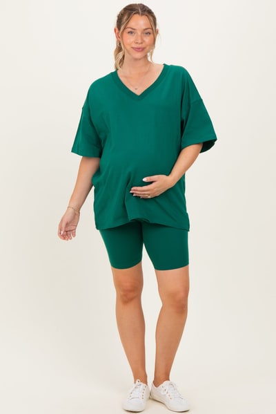 PinkBlush Emerald Green Oversized V-Neck Biker Short Maternity Set