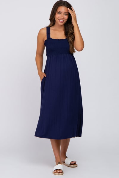 PinkBlush Navy Smocked Ruffle Strap Maternity Midi Dress