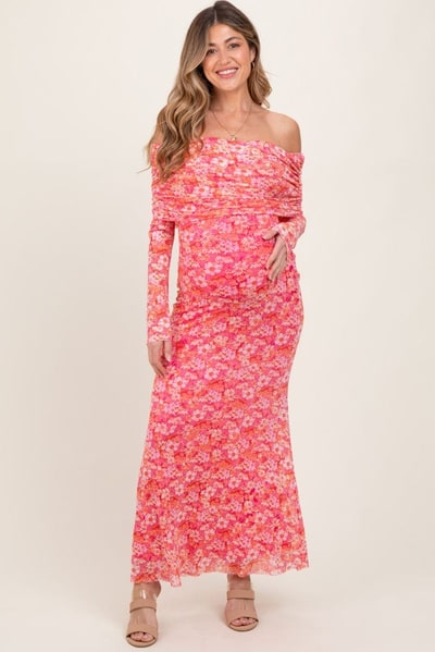 PinkBlush Pink Floral Mesh Off Shoulder Long Sleeve Maternity Maxi Dress