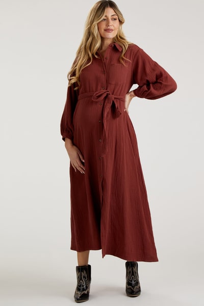 PinkBlush Rust Gauze Belted Shirt Maternity Midi Dress