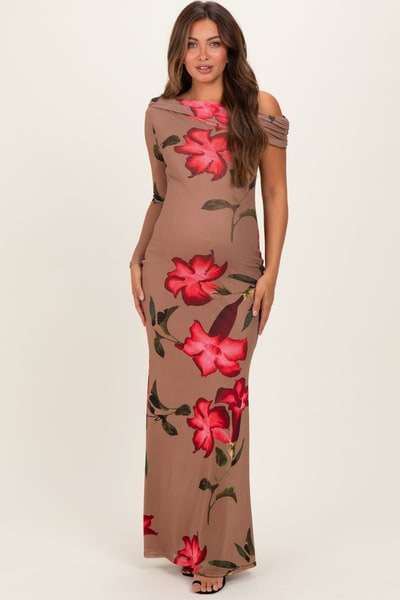 PinkBlush Mocha Floral Off Shoulder One Sleeve Maternity Maxi Dress