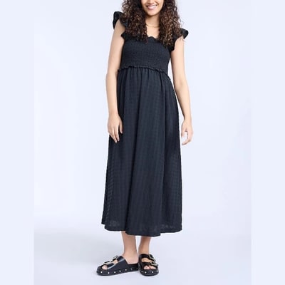 Target Women's Sleeveless Ruffle Shoulder Smocked Maxi Dress - Black - Size: Small - Motherhood Maternity