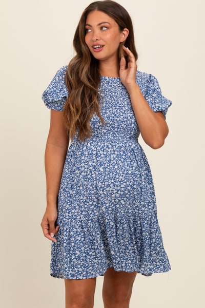 PinkBlush Blue Floral Puff Sleeve Smocked Maternity Dress