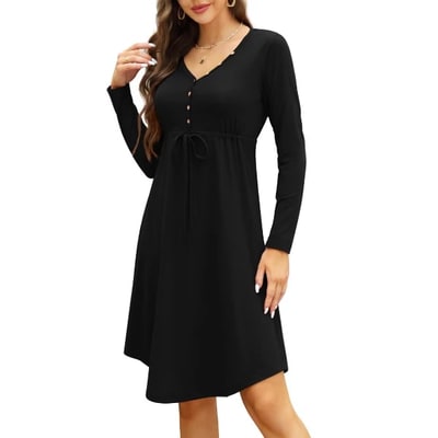 Target Women's Long Sleeve Casual T-Shirt Dress V Neck Button Tie Waist Drawstring Irregular Hem Tunic Shift Midi Dress Black L