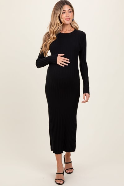 PinkBlush Black Ribbed Knit Fitted Maternity Midi Sweater Dress