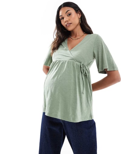 ASOS Mamalicious Maternity jersey wrap top in khaki