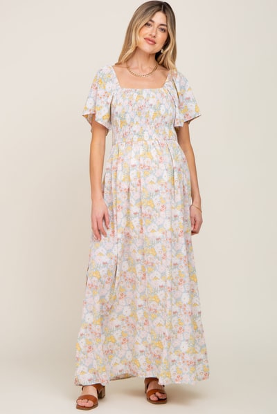 PinkBlush Light Blue Floral Smocked Maternity Maxi Dress