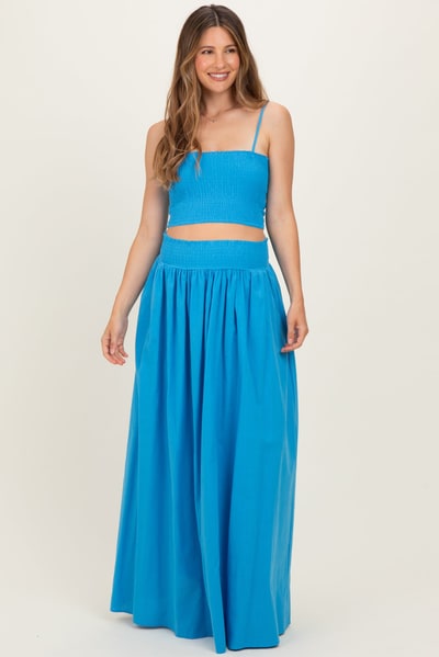 PinkBlush Blue Smocked Tank Maxi Skirt Maternity Set