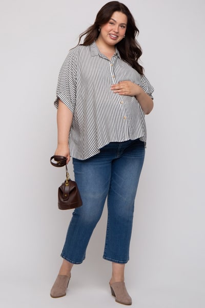 PinkBlush Charcoal Striped Button Up Short Dolman Sleeve Maternity Plus Top