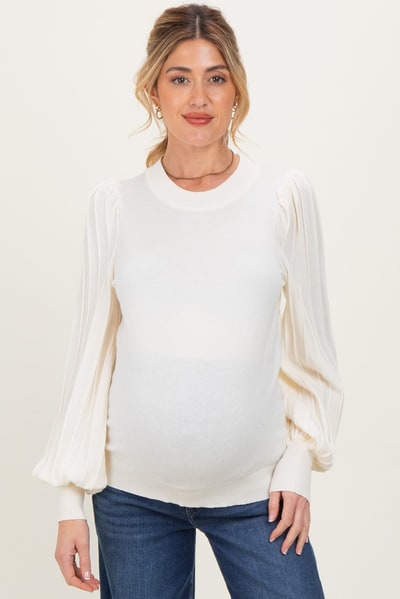PinkBlush Ivory Ribbed Bubble Sleeve Maternity Knit Top