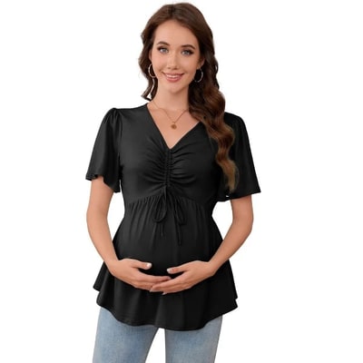 Target BLUEMING Womens Maternity Drawstring Front V Neck T Shirts Short Sleeve Tops Pleated Casual Shirt