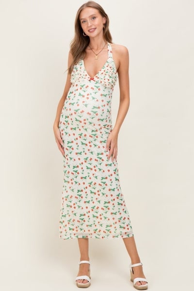 PinkBlush Ivory Strawberry Print Ruffle Detail Halter Maternity Maxi Dress