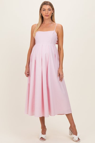 PinkBlush Light Pink Linen Sleeveless Tie Back Flared Maternity Midi Dress