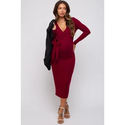 Target Pinkblush Burgundy Ribbed Long Sleeve Maternity Wrap Dress Medium