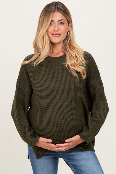 PinkBlush Olive Waffle Knit Side Slit Maternity Sweater