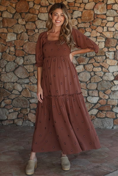 PinkBlush Brown Floral Smocked Puff Sleeve Maternity Maxi Dress