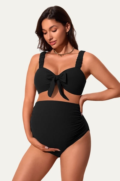 Summer Mae High-Waisted Ribbed Maternity Bikini Set with Stylish Crop Top