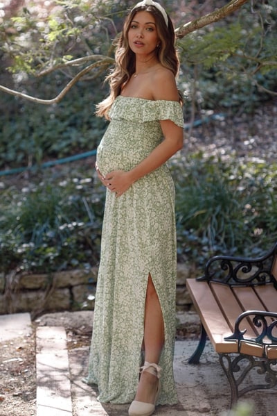 PinkBlush Green Floral Ruffle Off Shoulder Maternity Maxi Dress
