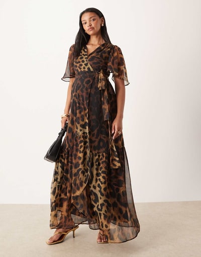 ASOS Hope & Ivy Maternity wrap front maxi dress in brown leopard print