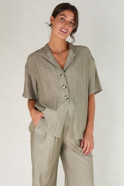Bae the Label Ease Away Crinkle Shirt - Soft Khaki