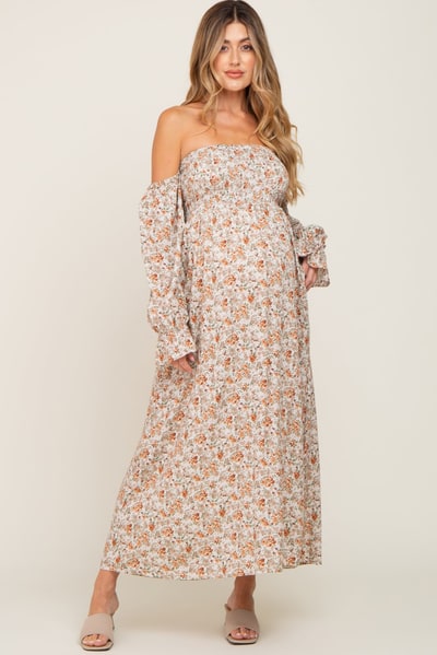PinkBlush Taupe Floral Off Shoulder Long Sleeve Maternity Maxi Dress