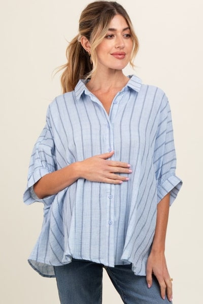PinkBlush Light Blue Striped Collared Oversized Maternity Top