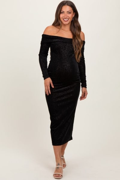 PinkBlush Black Shiny Velour Off Shoulder Maternity Midi Dress