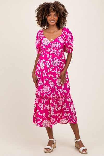 PinkBlush Fuchsia Floral Sweetheart Neckline Maternity Midi Dress