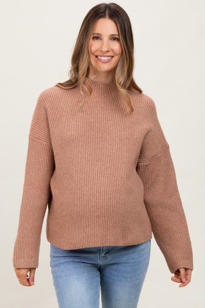 PinkBlush Mocha High Neck Ribbed Knit Maternity Sweater