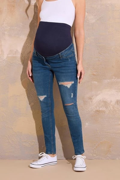 Yours Clothing LTS Tall Maternity Mid Blue Distressed AVA Stretch Skinny Jeans