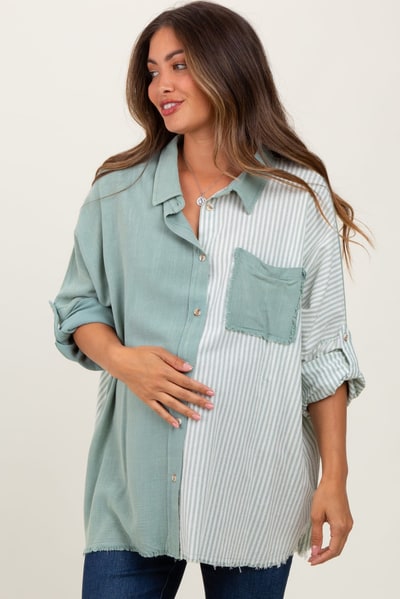PinkBlush Light Olive Colorblock Stripe Oversized Maternity Button Down