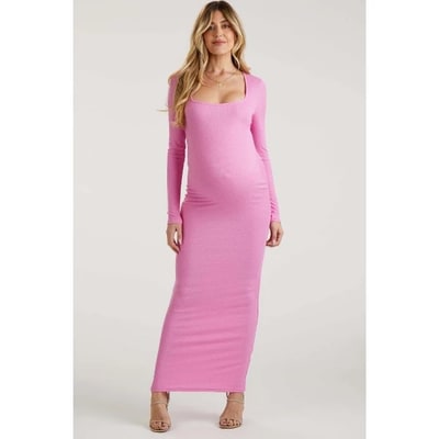 Target Pinkblush Pink Ribbed Long Sleeve Square Neck Maternity Maxi Dress Large