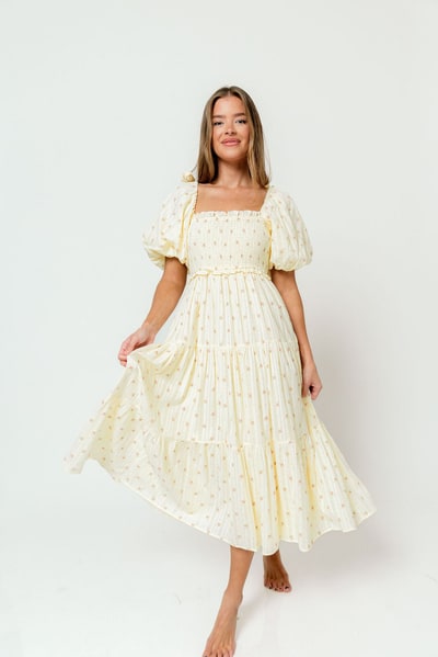 Worth Collective Elena 100% Cotton Midi Dress in Butter Floral - Bump Friendly