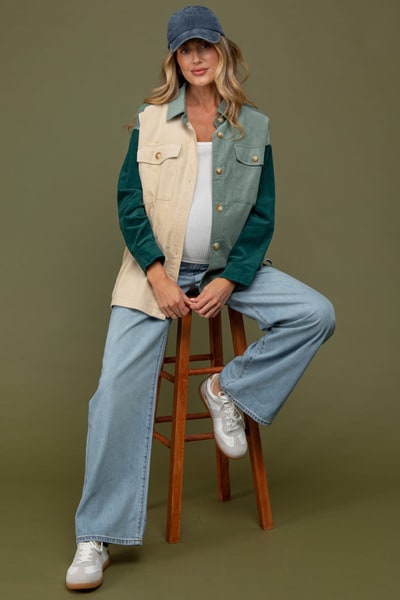 PinkBlush Light Olive Corduroy Colorblock Oversized Maternity Shirt Jacket