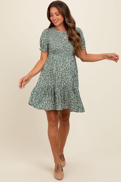 PinkBlush Light Olive Floral Puff Sleeve Smocked Maternity Dress