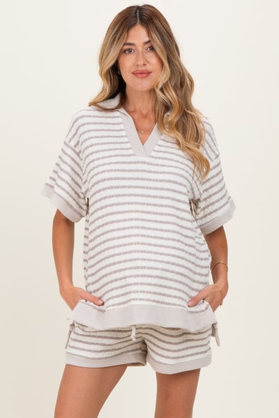 PinkBlush Cream/Beige Stripe Short Sleeve Maternity Short Set