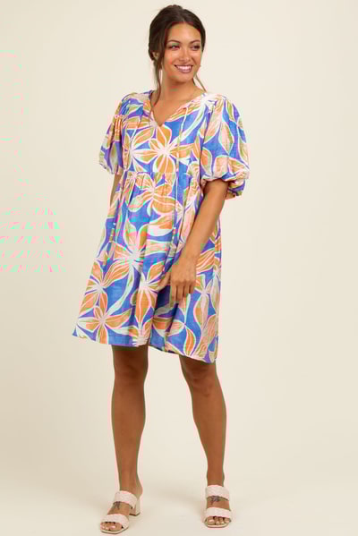 PinkBlush Royal Blue Floral Front Tie Puff Sleeve Maternity Dress