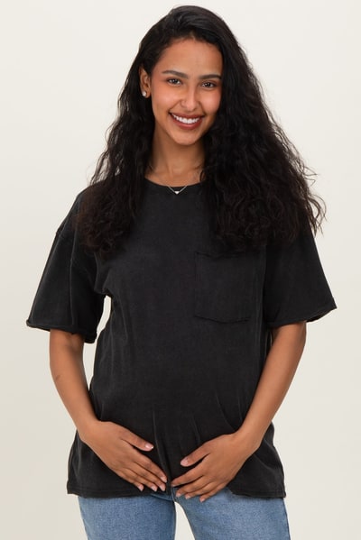 PinkBlush Black Vintage Wash Raw Edge Pocket Maternity T-Shirt