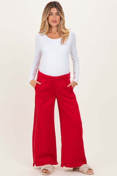 PinkBlush Red Fleece Wide Leg Maternity Sweatpants