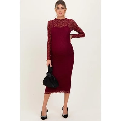 Target Pinkblush Burgundy Lace Overlay Fitted Maternity Midi Dress Medium