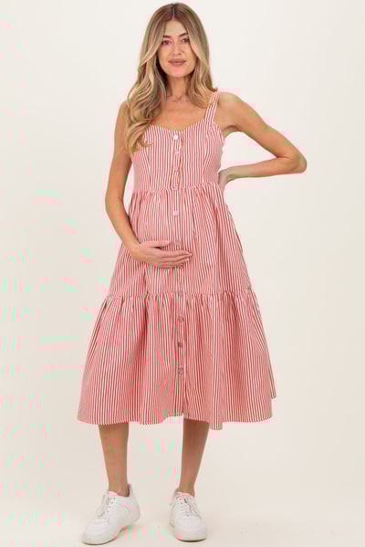 PinkBlush Red Striped Tiered Maternity Overall Dress