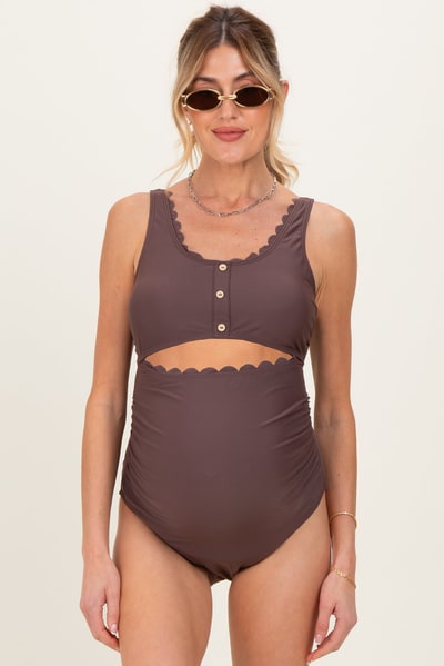 PinkBlush Brown Scalloped Cutout Ruched Maternity One Piece Swimsuit