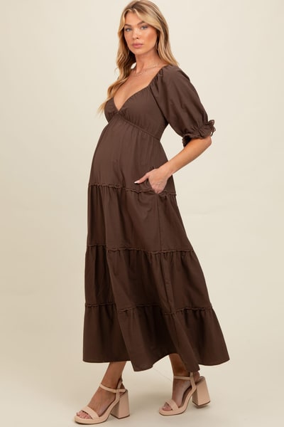 PinkBlush Brown Deep V-Neck Tiered Maternity Maxi Dress